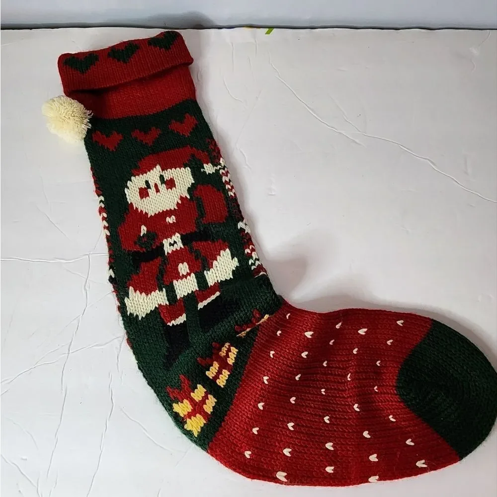 New Vintage Acrylic Knit Christmas Stocking Sock Santa Pom Pom 25”
